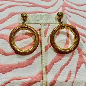 S8-BUNDLE ONLY-Vintage Gold-Tone & Camel-Colored Leather Hoop Earrings